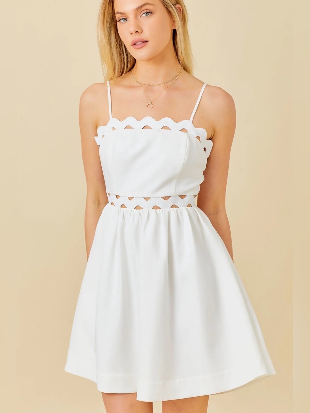 Scalloped Trim White Mini Dress with Cutout Waist